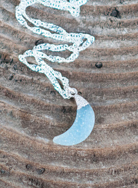 Blue Druzy Quartz Moon Pendant - silver